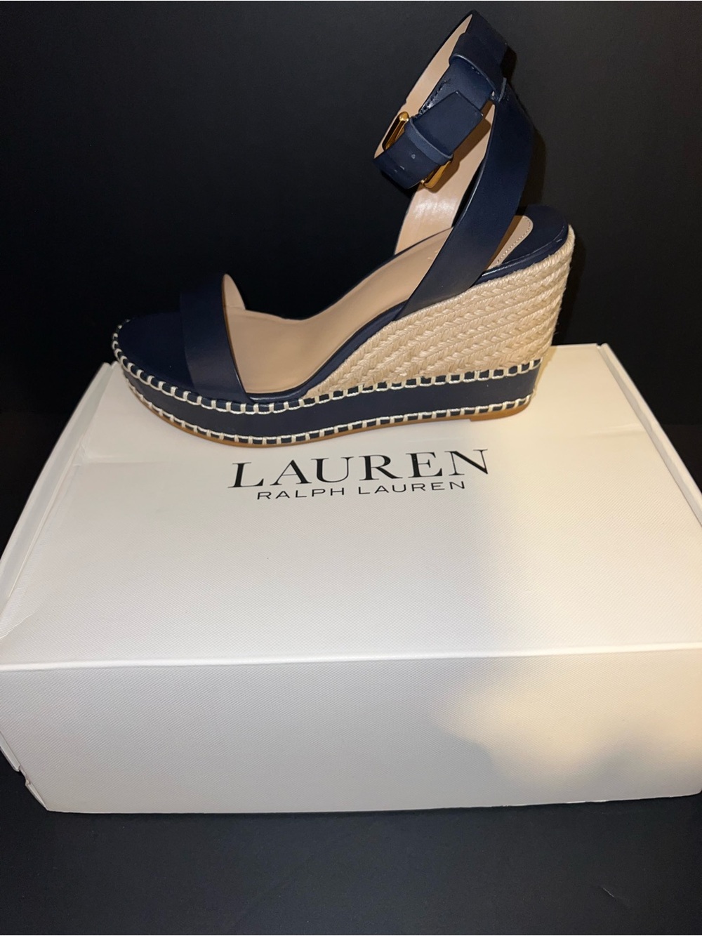 Ralph Lauren Navy Leather Ankle-Strap Espadrille Wedge